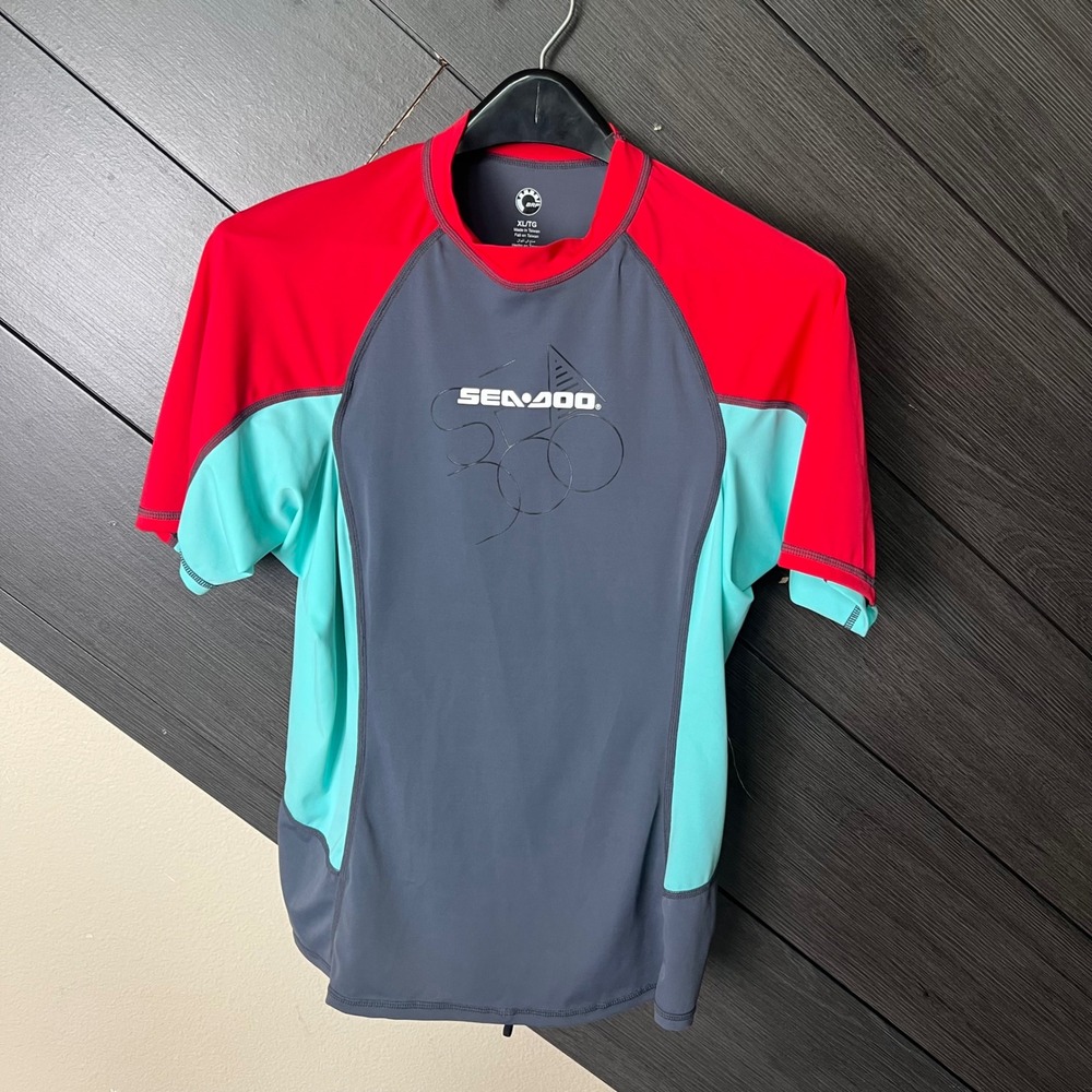 Sea-Doo BRP Rash Guard Swim Shirt XL Gray Red Aqua Short Sleeve Water Sport